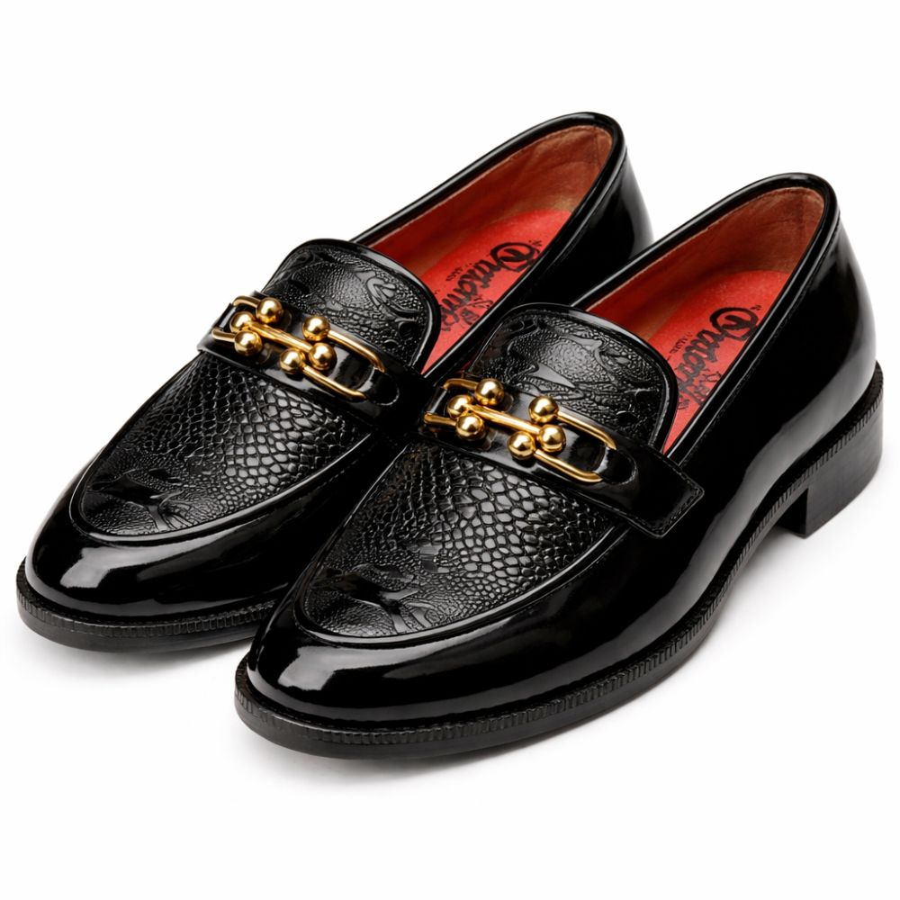 Mens Glossy Embossed Slip On Loafer with Metal Accent